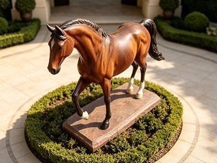 standing brown fiberglass horse statue in a garden