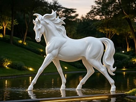 white walking fiberglass horse statue by a pond