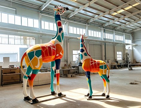two custom fiberglass giraffe statues in the workshop