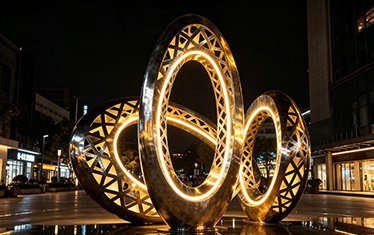 Large outdoor stainless steel landmark sculpture at night