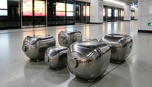 Stainless steel abstract public seating at Wuhan Metro Line 2