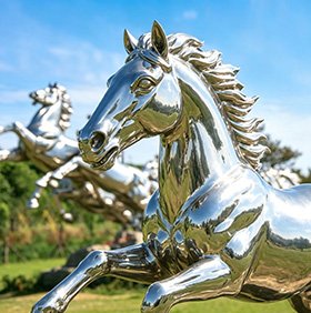 Mirror-polished stainless steel running horse sculpture