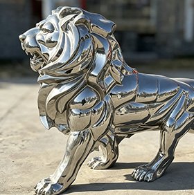 Life-size stainless steel lion sculpture