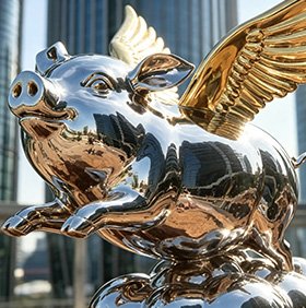 Custom stainless steel flying pig sculpture, mirror-polished