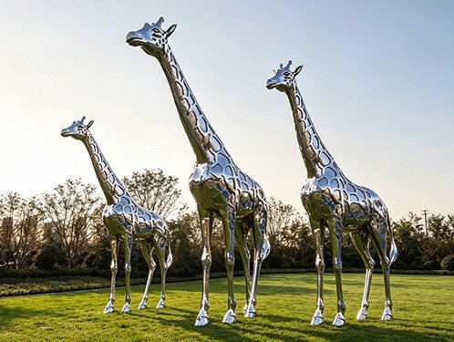 Monumental stainless steel giraffe sculptures over 6 meters tall