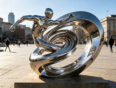 Abstract stainless steel figure sculpture in a city plaza