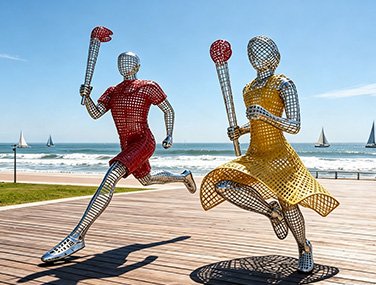 Colored openwork stainless steel figure sculptures of athletes
