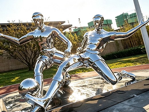 Life-size mirror-polished stainless steel football player figure sculptures