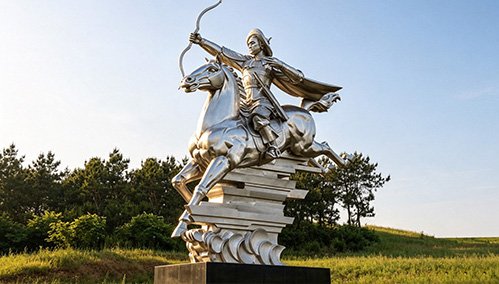 Stainless steel Mulan archer on horseback sculpture at Wuhan Mulan Grassland