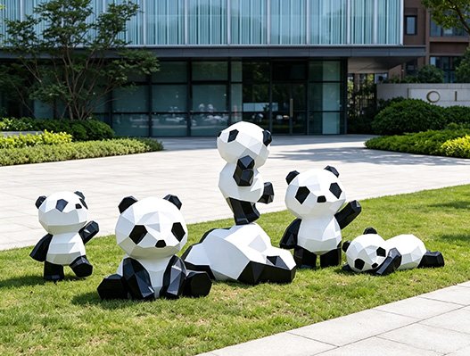 giant fiberglass panda sculpture group installed outside an office building
