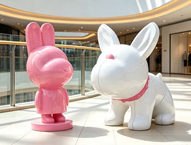 custom fiberglass rabbit sculptures in pink and white at a shopping mall