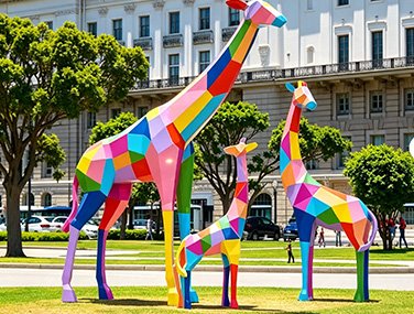 colorful low-poly fiberglass giraffe statues on a lawn