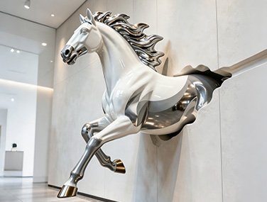 custom silver mirror-finish fiberglass horse statue leaping from a wall