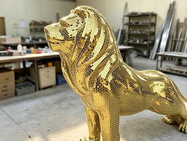 custom gold mosaic mirror fiberglass lion statue in the workshop