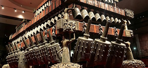Full ceremonial bronze bianzhong chime bell set in Marquis Yi style on two-tier rack