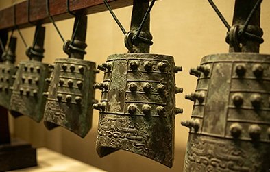 Museum display replica of ancient bronze bianzhong chime bells