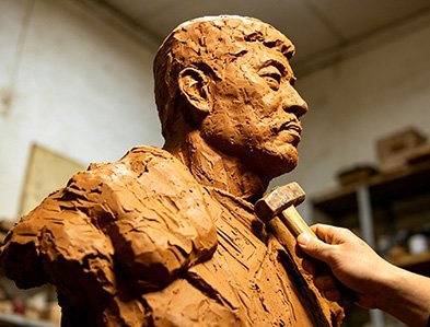  An artist hand-sculpting a detailed 1:1 clay model of a male bust from reference photos 
