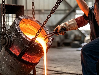  Molten bronze metal being poured into a mold at a foundry to create a bronze sculpture 