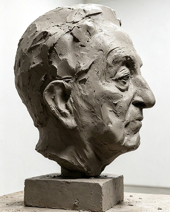 Photo reference beside a clay portrait bust model before bronze casting