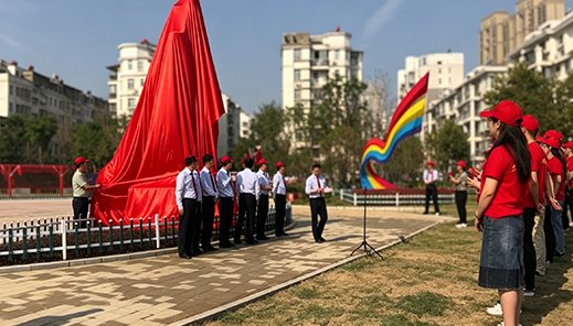 Outdoor unveiling ceremony of a sculpture draped in red cloth