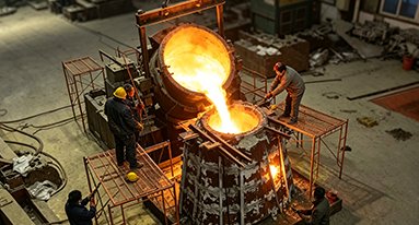 Bronze lost-wax casting with molten metal pouring at Wensculp foundry