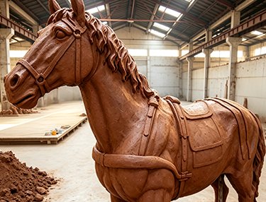 custom silver mirror-finish fiberglass horse statue leaping from a wall