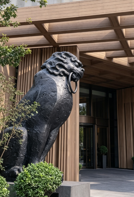 Jiaotu bronze guardian animal statue with an antiqued patina at the Rosewood Beijing hotel entrance, about 2.8 m tall beside the wooden drop-off canopy